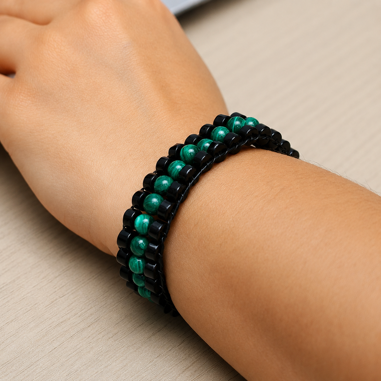 Vibrant Thinking Premium Natural Malachite Wristband Bracelet